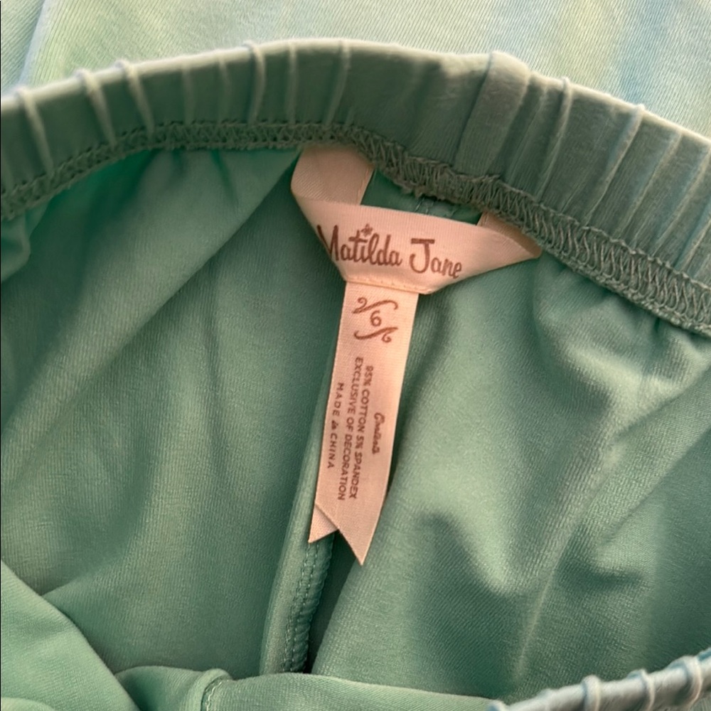 Matilda Jane Girls Seafoam Green Ruffle Leggings Size 6 Pants Crochet Trim - Picture 4 of 4